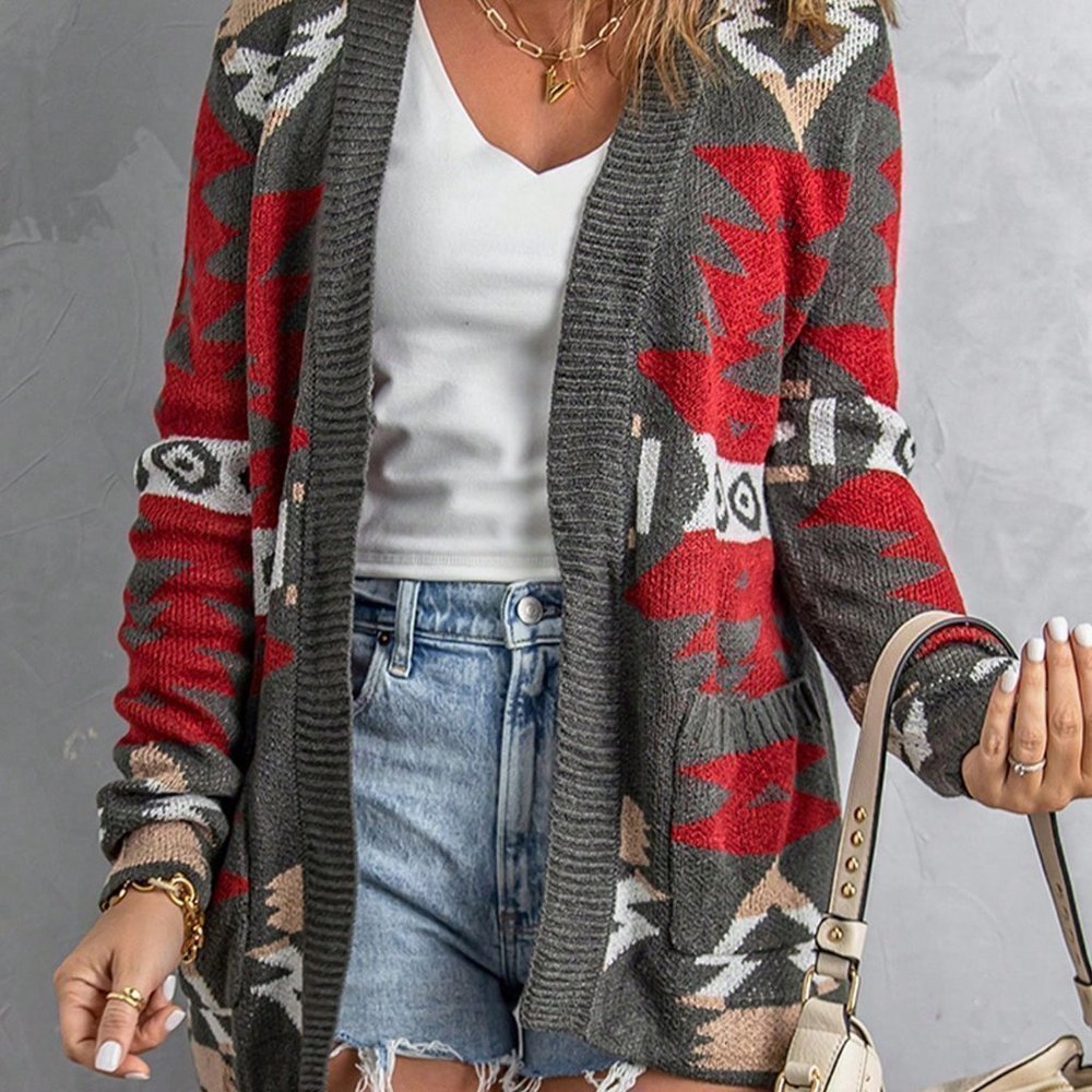 Grey Casual Womens Geo Pattern Dual Pocket Open Front Cardigan - Picture 5 of 5